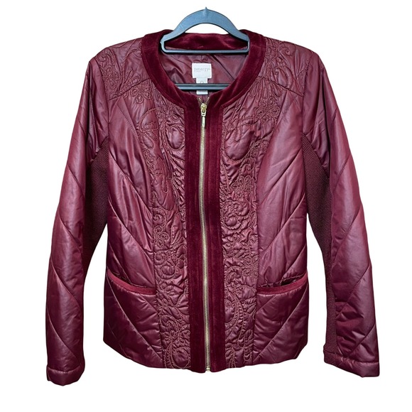 Zenergy by Chico's Jackets & Blazers - Zenergy by Chico's Quilted Embroidered Jacket Burgundy Velvet Trim Womens Size 0